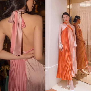 Đầm váy phi dập ly phối màu yếm hở lưng maxi dài có mút Cam Hồng thiết kế sang trọng đi biển du lịch đi party sinh nhật
