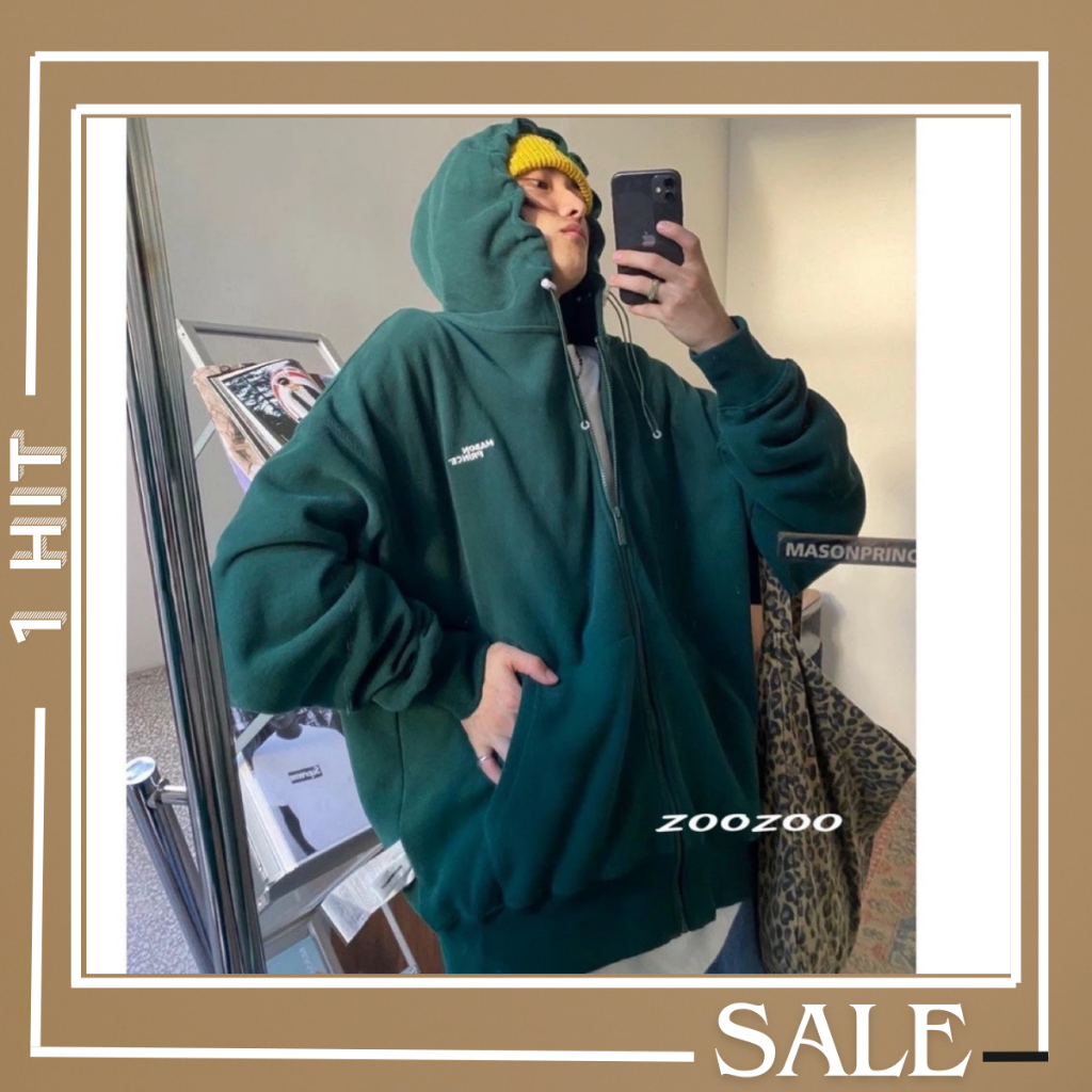 Áo khoác hoodie nỉ bông dây kéo MASON IN CHỮ NỔI xanh rêu form rộng nam nữ 1HIT unisex