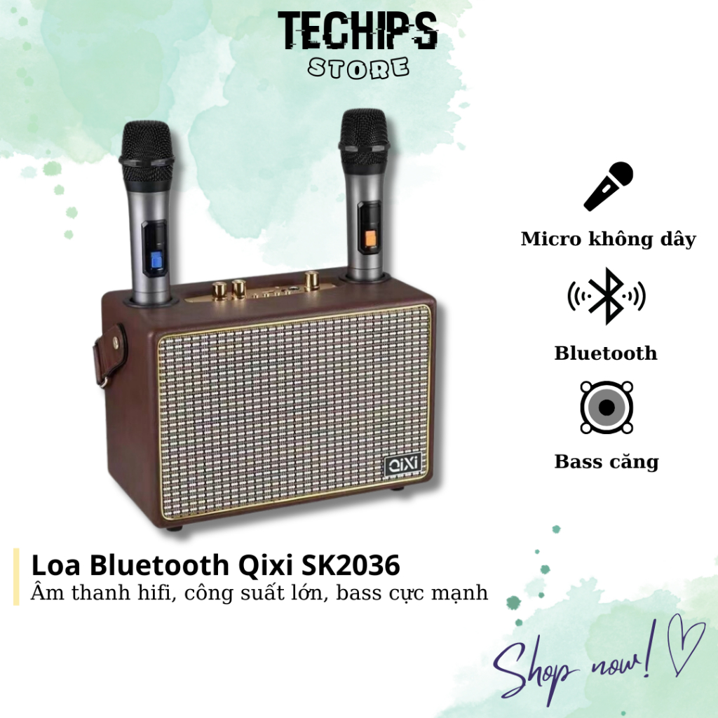 Loa Bluetooth Karaoke SK-2036 Bản Cao Cấp Nhất, Âm Thanh Siêu Đỉnh, 2Kèm Mic Không Dây Hát Karaoke TECHHIGH