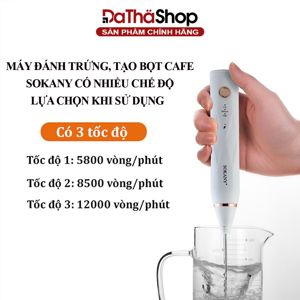 Máy Đánh Trứng SOKANY Tạo Bọt Cà Phê Cầm Tay SẠC PIN 3 Tốc Độ Đánh, Nhỏ Gọn, Dễ Tháo Lắp