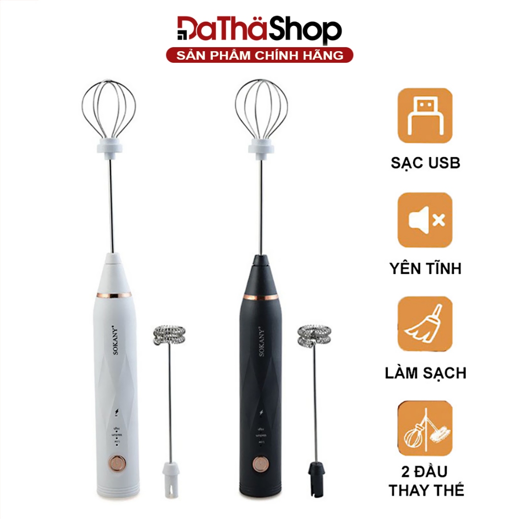 Máy Đánh Trứng SOKANY Tạo Bọt Cà Phê Cầm Tay SẠC PIN 3 Tốc Độ Đánh, Nhỏ Gọn, Dễ Tháo Lắp