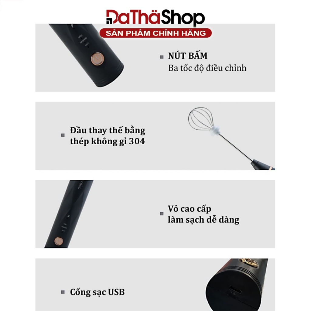 Máy Đánh Trứng SOKANY Tạo Bọt Cà Phê Cầm Tay SẠC PIN 3 Tốc Độ Đánh, Nhỏ Gọn, Dễ Tháo Lắp