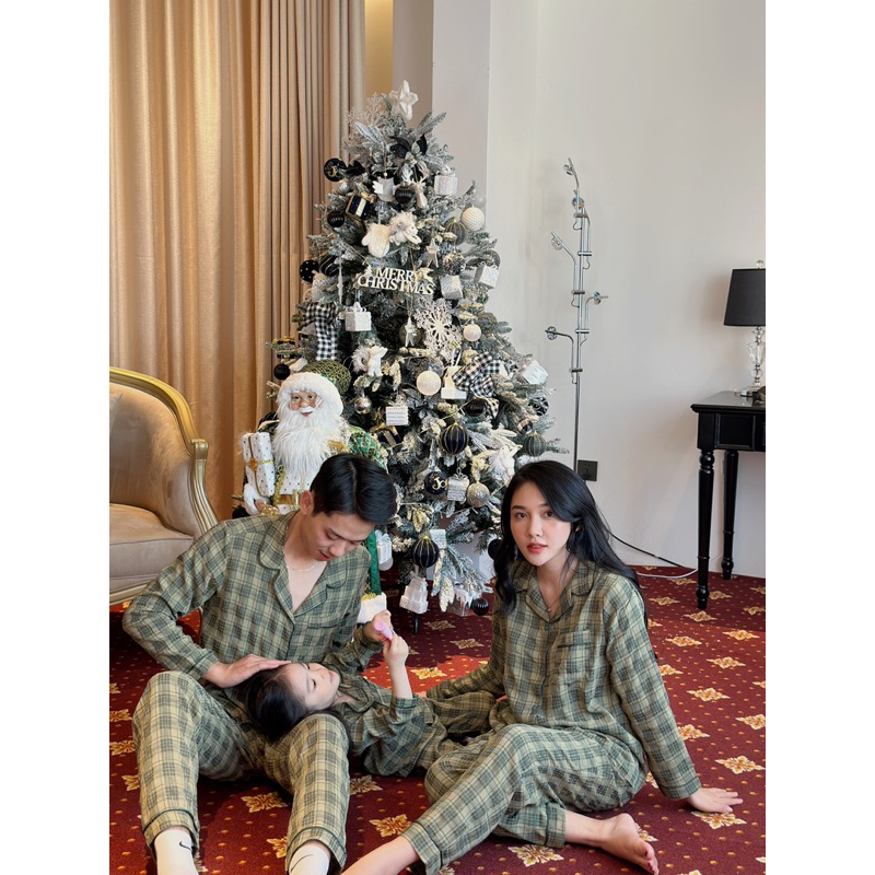 Bộ pijama dài tay quần dàu chất thô đũi kẻ dáng basic có set cả nhà