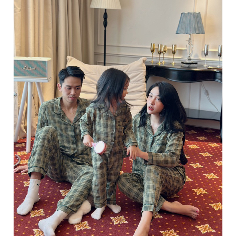 Bộ pijama dài tay quần dàu chất thô đũi kẻ dáng basic có set cả nhà
