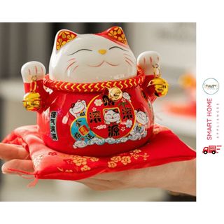 Mèo thần tài ống heo gốm men sáng bóng 12cm phát tài, phát lộc kèm đệm đỏ