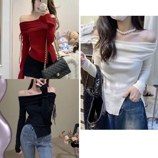 Áo Kiểu nữ bẹt vai rút dây xẻ tà đỏ đô gân tăm Dáng Ôm Xẻ Phong Cách Hồng Kông