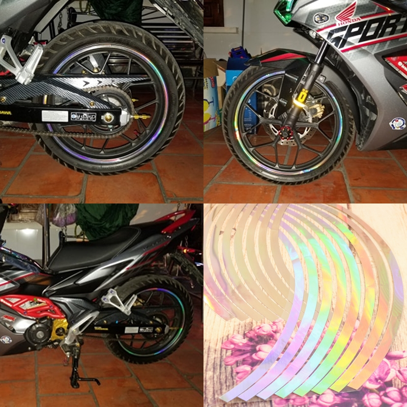 Bộ tem dán viền mâm, decal dán vành mâm phản quang, dán chỉ mâm xe máy, ô tô, xe điện ,size mâm 17-18 inch