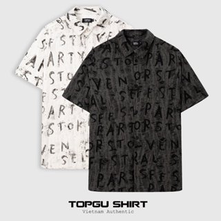 Áo sơ mi TOPGU tay ngắn cổ đức màu trắng / đen, áo sơ mi nam vải Conton cao cấp phối họa tiết chữ rách thời trang