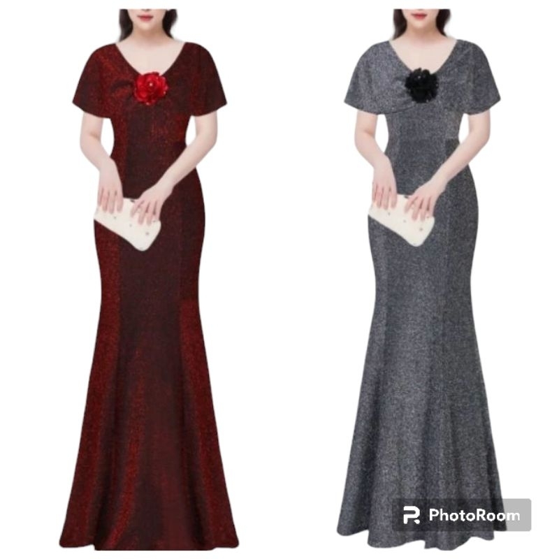 Đầm dạ hội trung niên nhũ choàng vai đuôi cá xẻ tà, Đầm dạ hội choàng vai đuôi ca xẻ tà vải nhũ