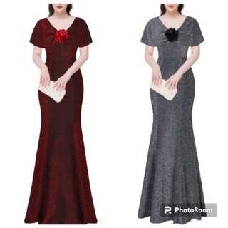 Đầm dạ hội trung niên nhũ choàng vai đuôi cá xẻ tà, Đầm dạ hội choàng vai đuôi ca xẻ tà vải nhũ