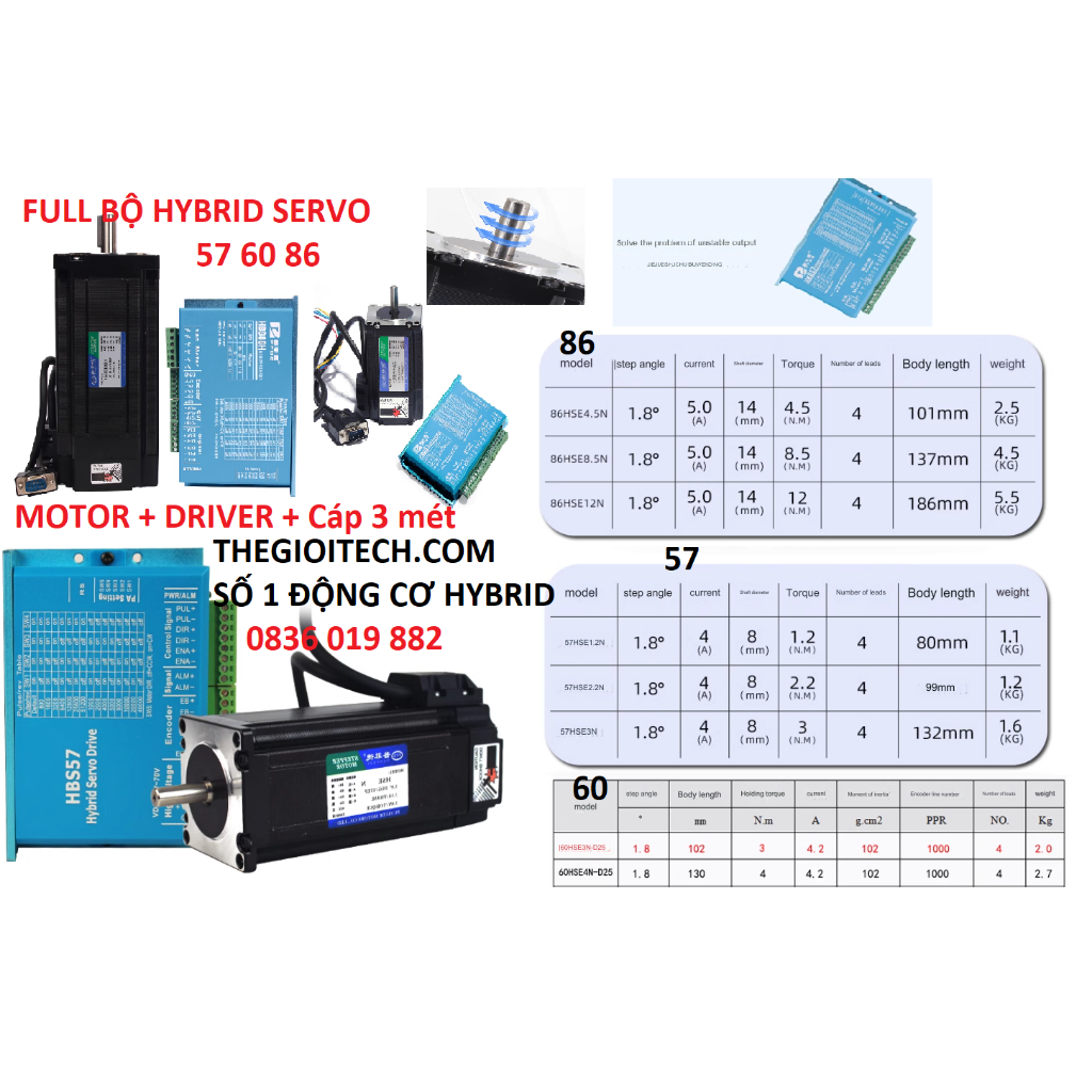 [Tốt] Bộ Động cơ step Hybrid servo 1.2Nm 2.2Nm 3N 4N 4.5N 8.5N 12N 57 60 86 57HSE 60HBSE, driver HBS57 HBS86 hãng - 1 bộ 60 4N Dài 130