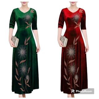 Đầm dạ hội trung niên đi tiệc vải nhung cổ tim tay lỡ hoa gió ép cườm sang trọng cao cấp size lớn 75kg, Đầm dạ hội nhung