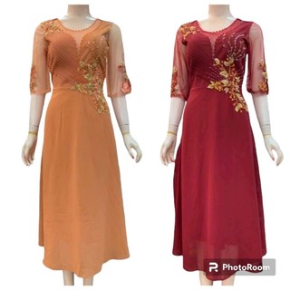 Đầm trung niên đi tiệc voan lót thun phối lưới kết hoa đính đá sang trọng cao cấp, Đầm trung niên thiết kế đính đá thêu