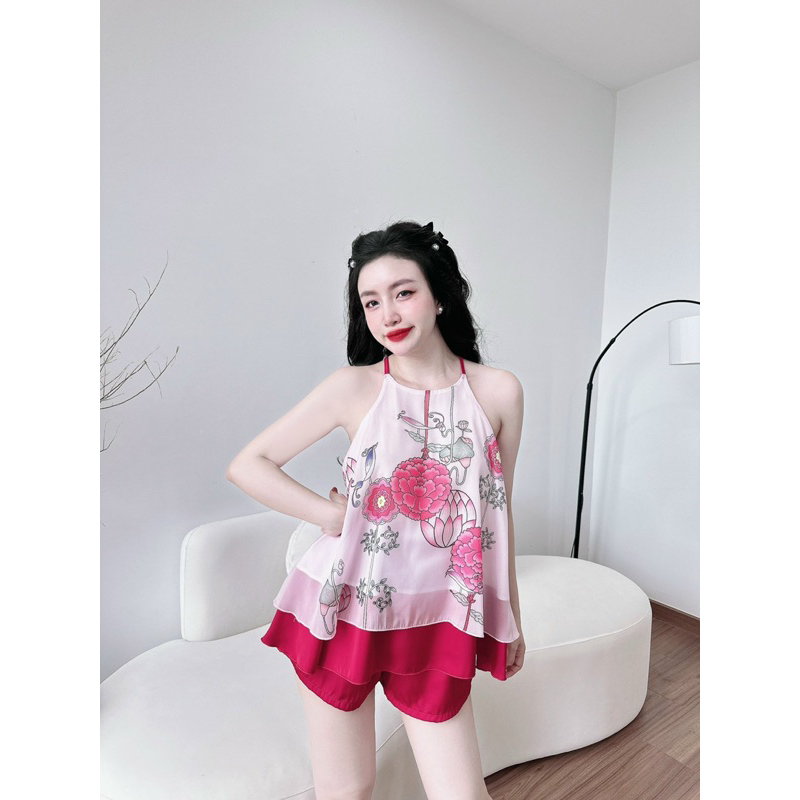 Bộ Yếm Nữ Trúc My 40-65kg, Bộ Mặc Nhà 2 Dây vải voan tơ in thiết kế phối Latin có lót , quần Latin có túi