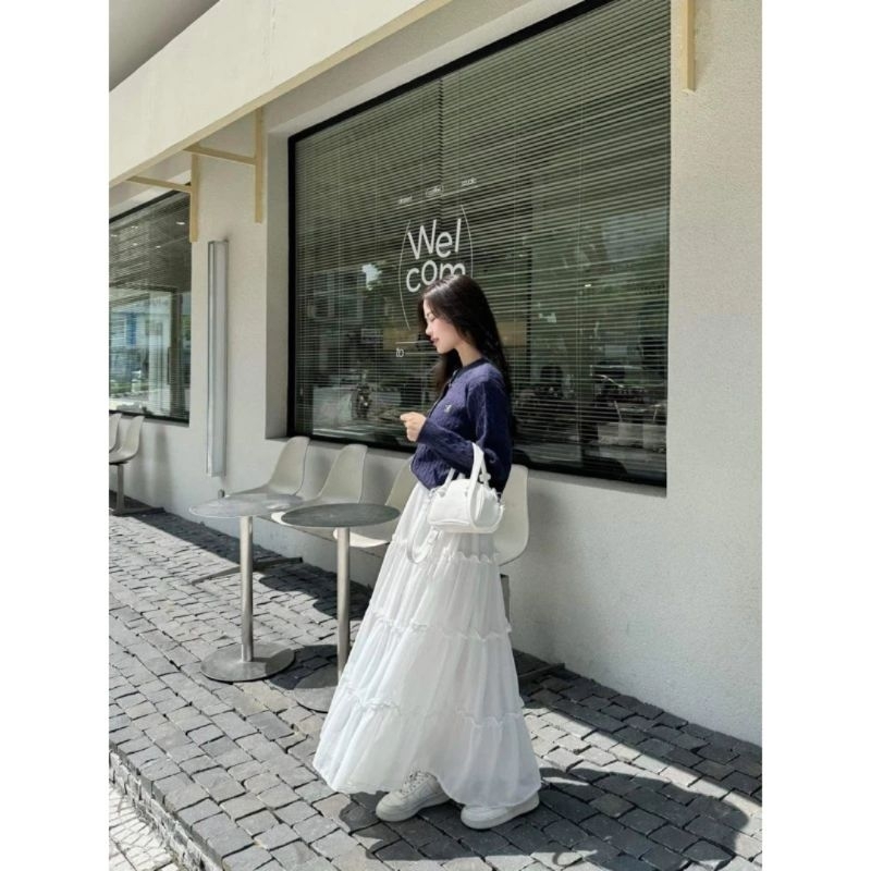 Chân váy midi dáng dài 4 tầng bèo nhún
