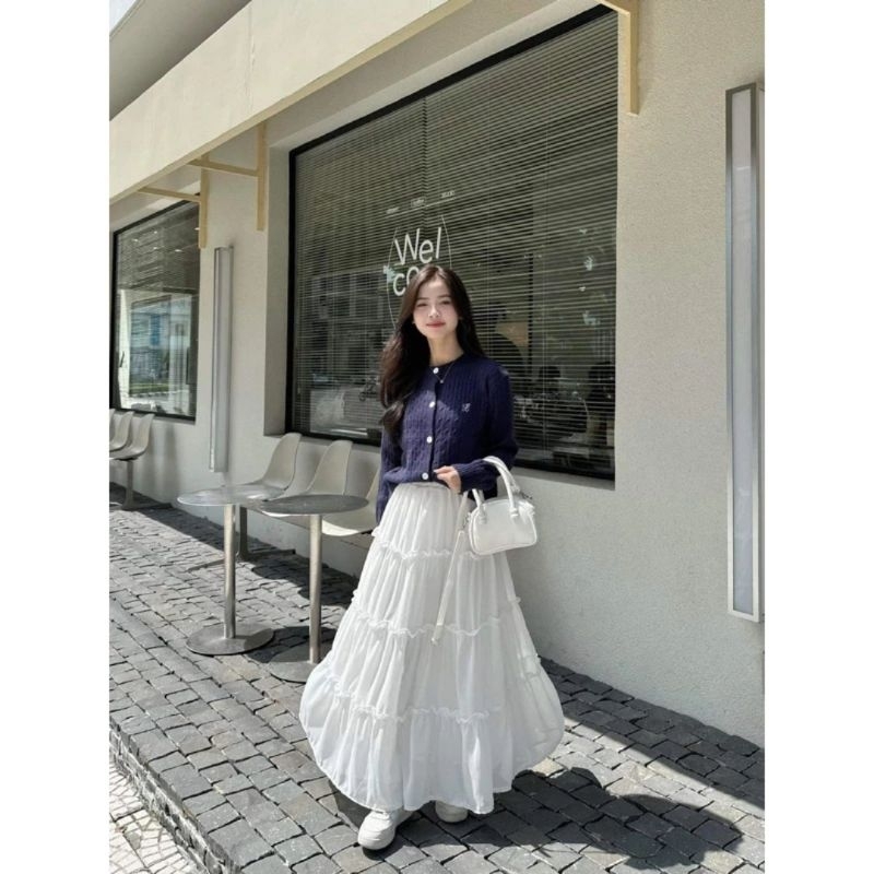 Chân váy midi dáng dài 4 tầng bèo nhún