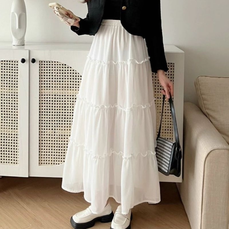 Chân váy midi dáng dài 4 tầng bèo nhún