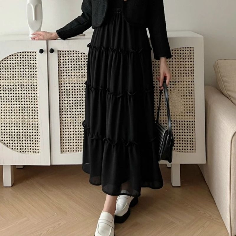 Chân váy midi dáng dài 4 tầng bèo nhún