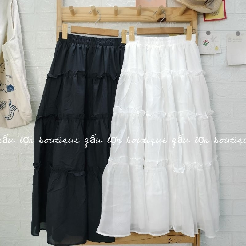 Chân váy midi dáng dài 4 tầng bèo nhún