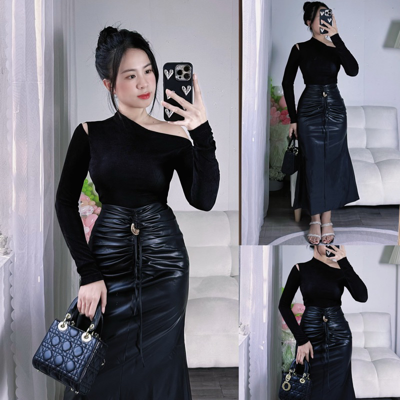 Set Áo Lệch Vai Dài Tay Chân Váy Da Dáng Dài Sang Trọng