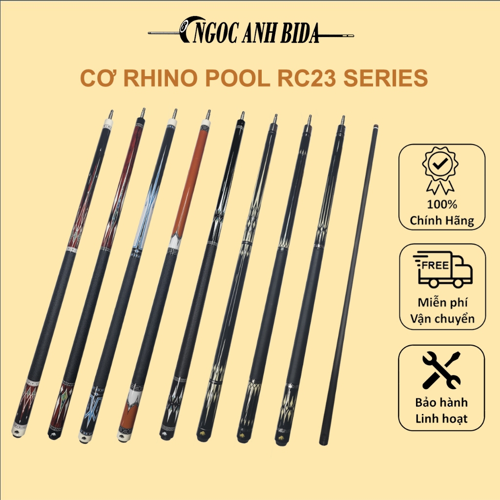 Cơ RHINO POOL RC23 SERIES, Ngọn full Carbon RHINO, Đầu F1 Kính 12.4-12.8mm, Ren Radial, Tặng Kèm Bao