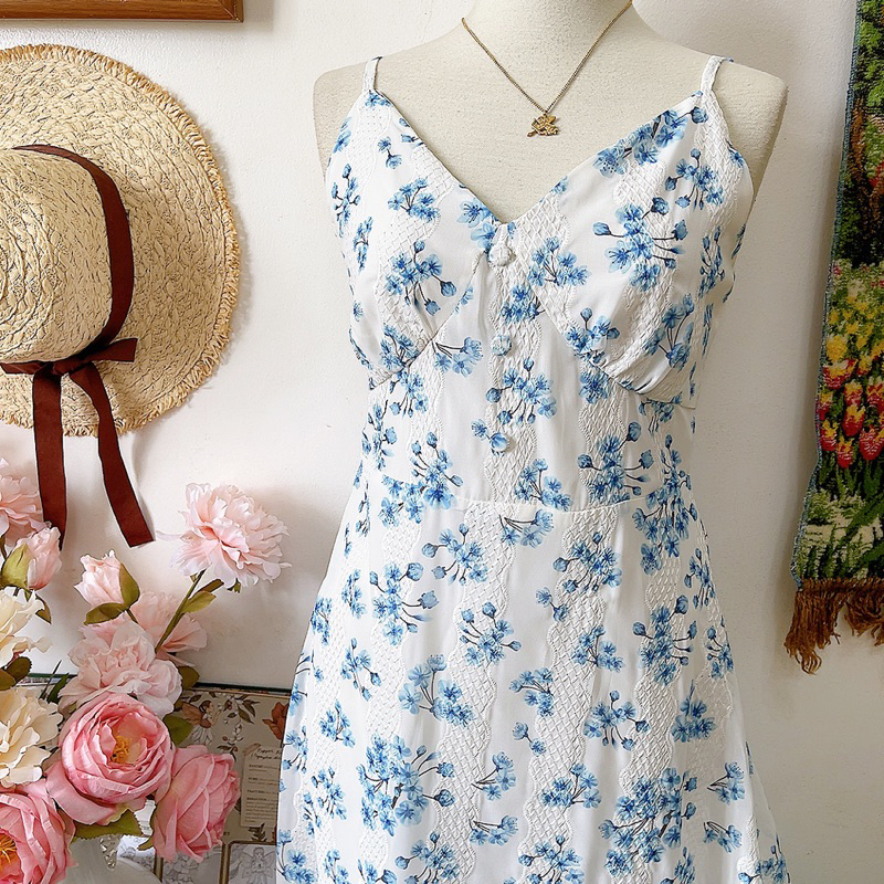 Đầm dây voan hoa xanh