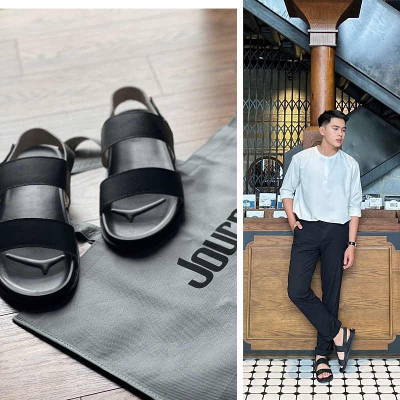 Sandal Nhị Nam Nữ JOURNEY Quai Ngang Đế Phao Chất Liệu Da Cao Cấp SPA04 ĐEN-NÂU