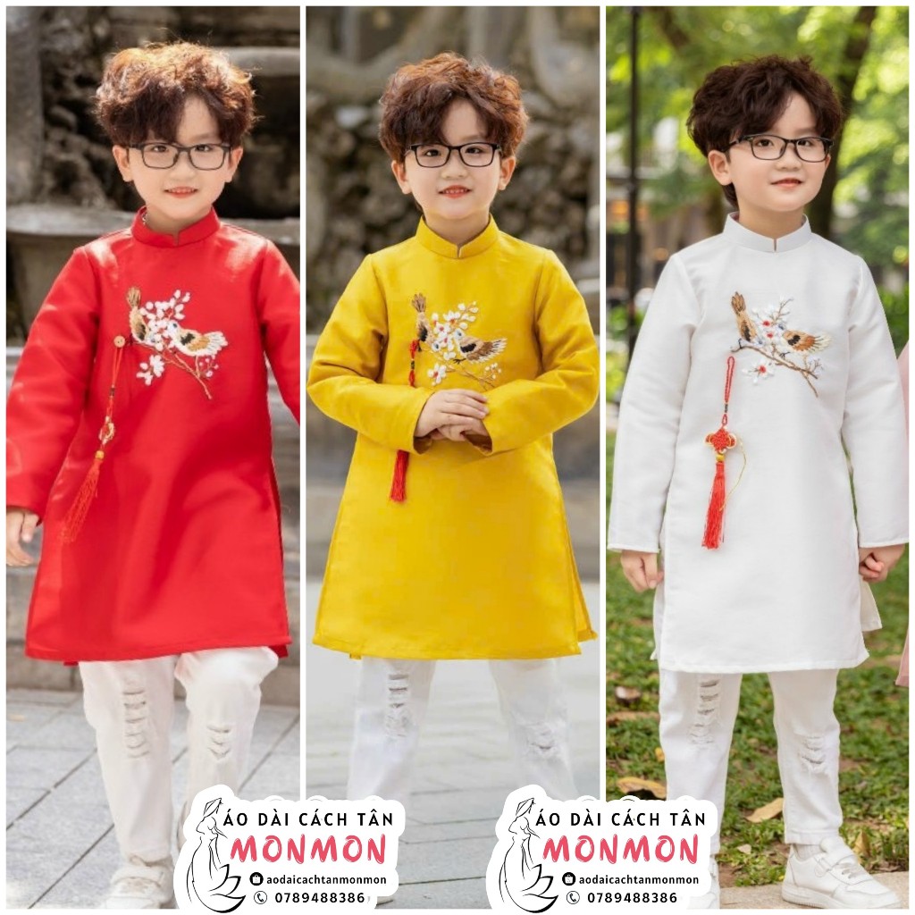 Áo dài cách tân bé trai THĂNG LONG, áo dài bé trai thêu rồng mạnh mẽ cá tính màu xanh mint bạc hà, áo dài tết bé trai