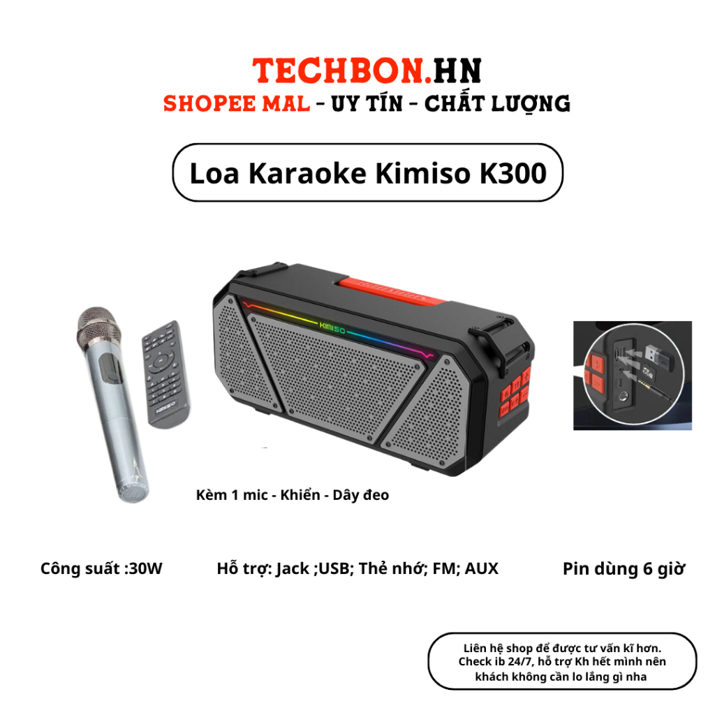 Loa bluetooth karaoke Kimiso K300 kèm 1 micro không dây xách tay công xuất 20W, âm thanh trầm ấm, bass căng- TECHHIGH