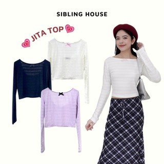Áo croptop cổ tròn tay dài form ôm điểm nhấn nơ trước ngực chất thun lưới Jita Top  - Sibling House