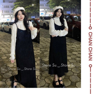 Set áo voăn nhăn cổ bèo tay bồng kèm váy 2 dây nhung xinh tiểu thư