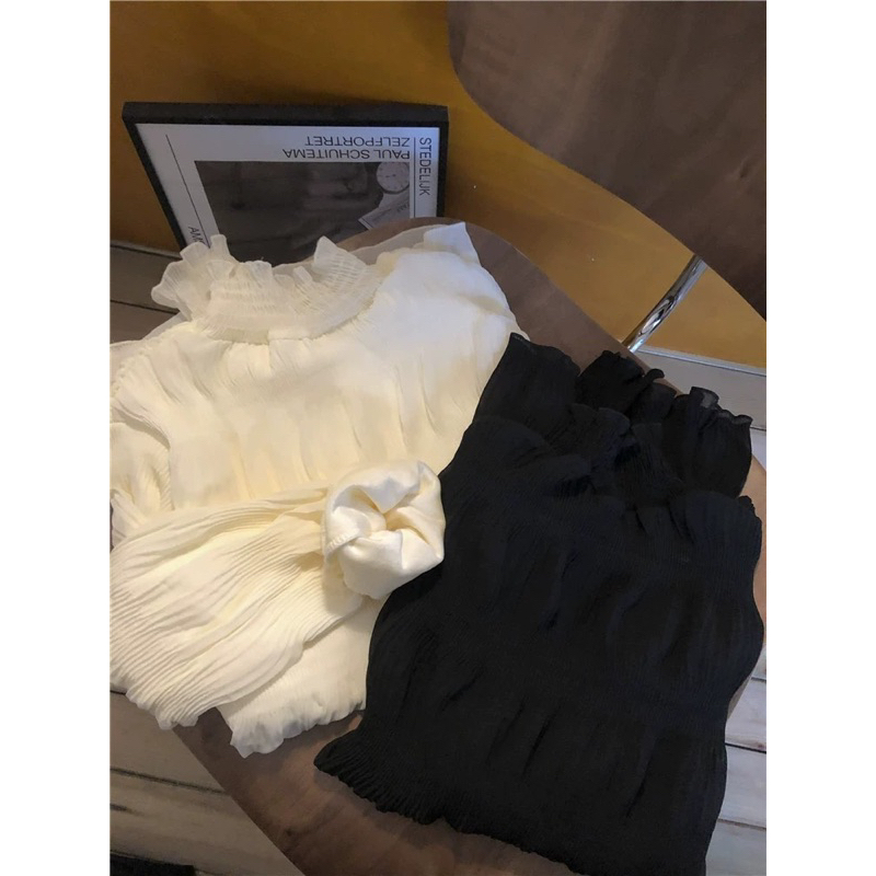 Set áo voăn nhăn cổ bèo tay bồng kèm váy 2 dây nhung xinh tiểu thư