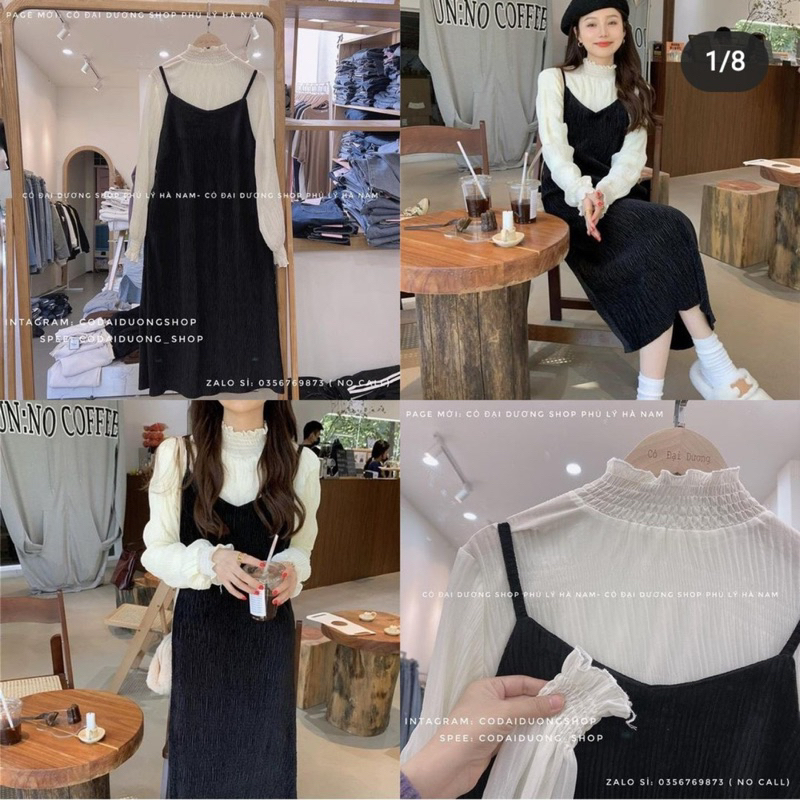 Set áo voăn nhăn cổ bèo tay bồng kèm váy 2 dây nhung xinh tiểu thư