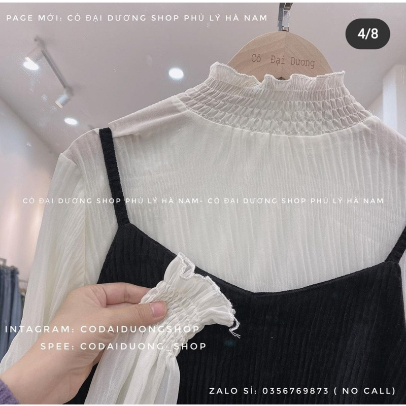 Set áo voăn nhăn cổ bèo tay bồng kèm váy 2 dây nhung xinh tiểu thư