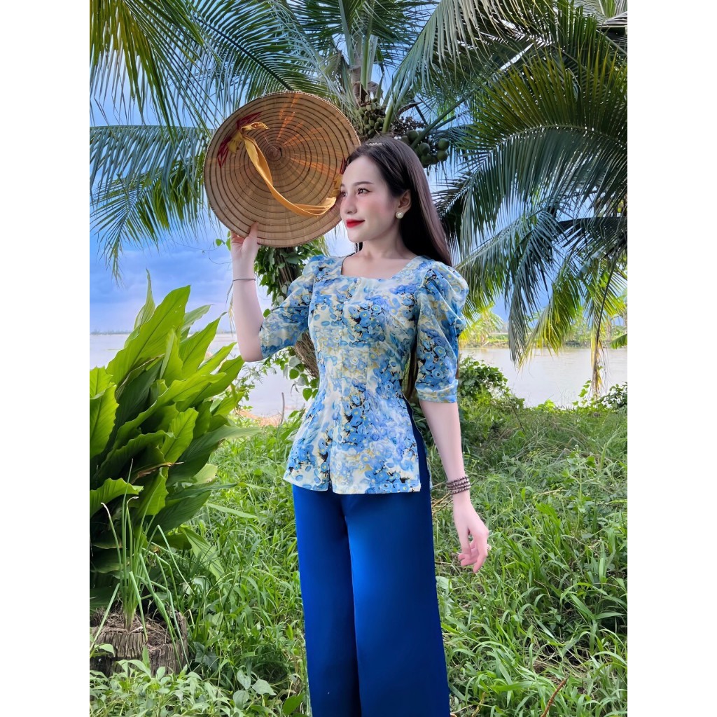 BỘ BÀ BA CỔ VUÔNG NÚT NGỌC CHẤT VẢI MANGO CAO CẤP.