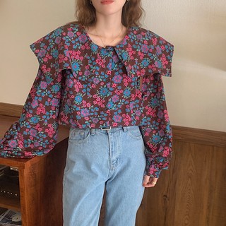 Áo sơ mi cổ hải quân, tay dài họa tiết hoa sắc màu, dáng áo rộng bigsize - Yênclothing