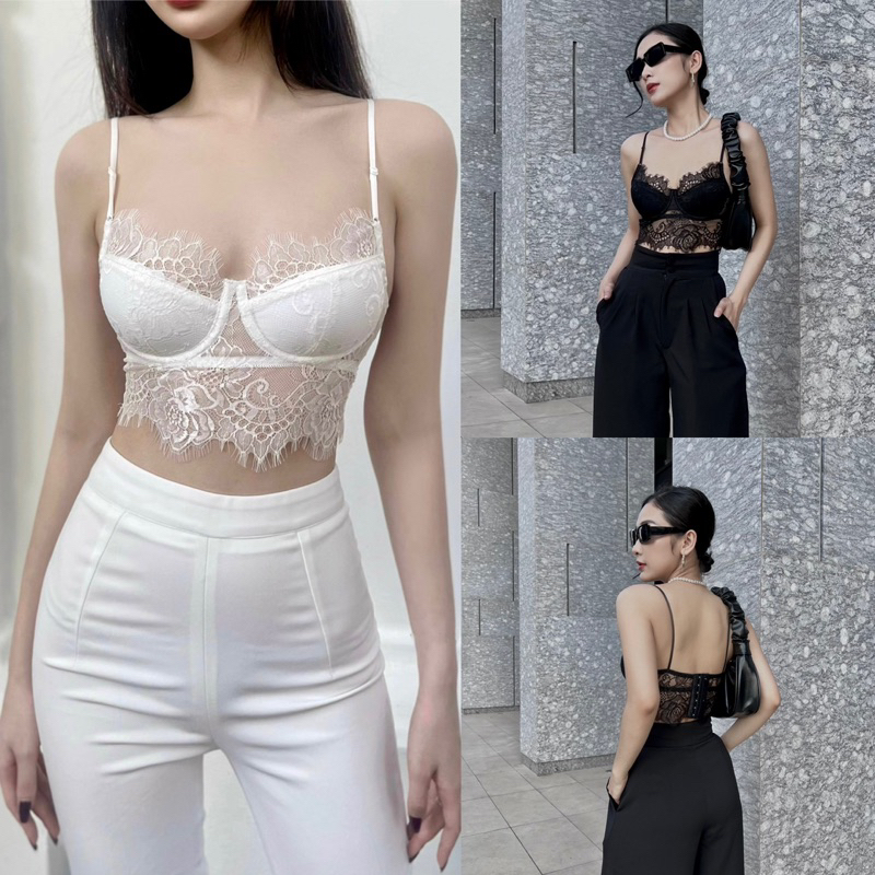 Áo ren mi, áo croptop ren mỏng sexy có gọng (mút mỏng lắp rời)