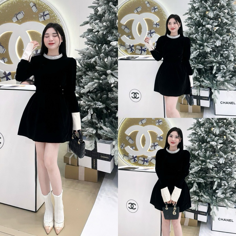 Váy nhung cổ đá tay lụa