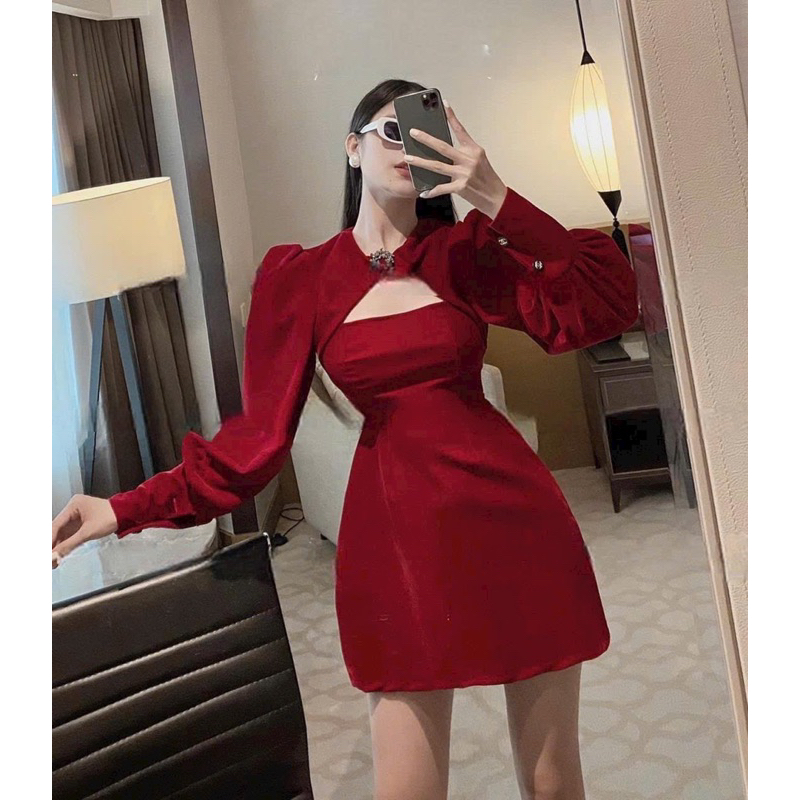 Đầm váy đỏ nhung form ngắn chữ A khoét tay phồng thời trang nữ thiết kế sang trọng thanh lịch tiểu thư dự tiệc party