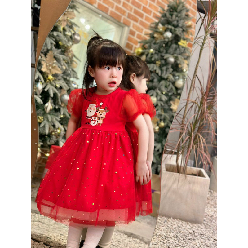 Váy bé gái, váy đỏ họa tiết ông già Noel và tuần lộc cho bé 8-30kg