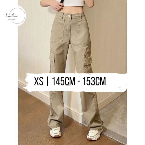 Quần jeans dáng ống rộng size nhỏ XS túi hộp phòng cách Retro cho nữ 1m45