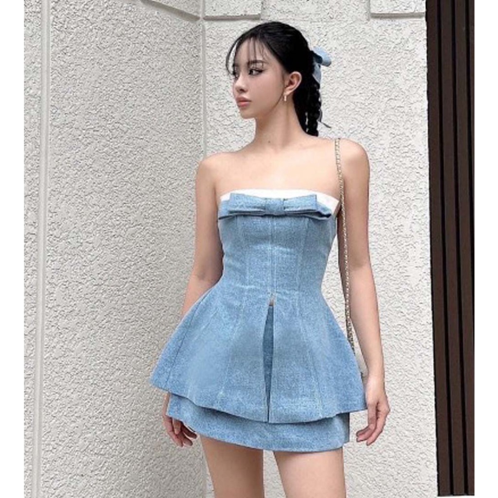 Set áo jeans cúp ngực thắt nơ kèm chân váy, set váy thiết kế áo vạt sang chảnh đi tiệc đi chơi Vicy JEAXETA01