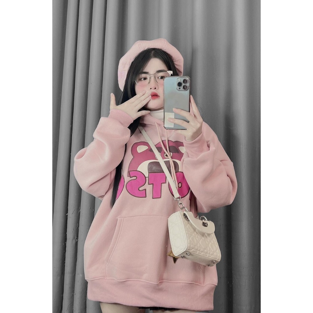 Áo khoác hoodie in hình họa tiết gấu lotso chất nỉ bông form rộng có mũ phù hợp cho cả nam và nữ mặc mùa đông
