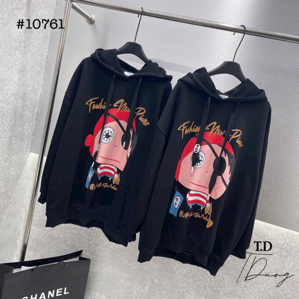Áo Hoodie nỉ bông Hoạt Hình unisex màu Trắng/ Đen nam nữ mặc được, Chất Nỉ Bông Siêu Ấm Áp