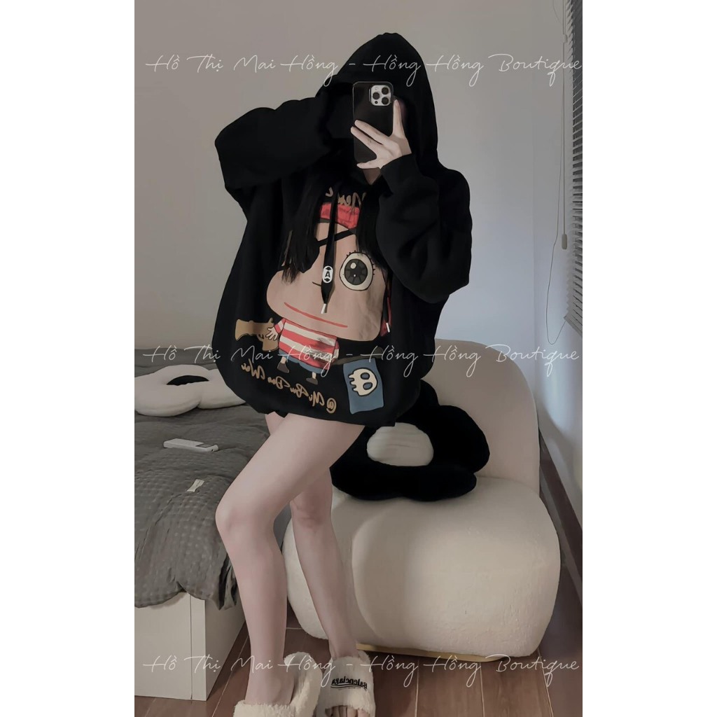 Áo Hoodie nỉ bông Hoạt Hình unisex màu Trắng/ Đen nam nữ mặc được, Chất Nỉ Bông Siêu Ấm Áp