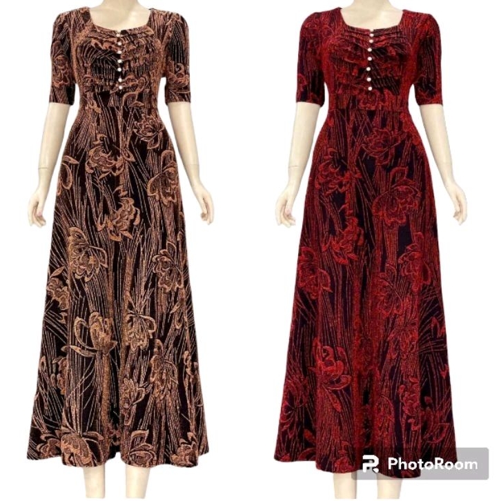 Đầm dạ hội trung niên dự tiệc cổ vuông đính nút xếp ly vải kim tuyến nhũ kim sa co giãn cho mẹ, Đầm trung niên dự tiệc