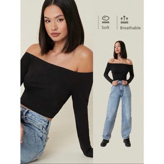 LOTI TOP - Áo croptop trễ vai hay tay dài màu đen cá tính cơ bản basic Y2K