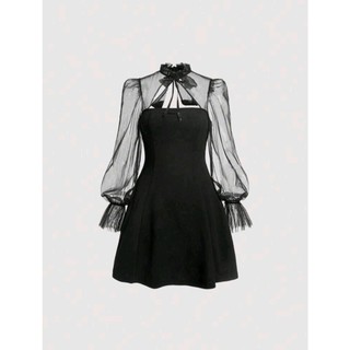 ( ORDER SHEIN ) LUCIANA DRESS - Đầm váy mini tay bồng dài vải xuyên thấu cột nơ ở cổ Y2K
