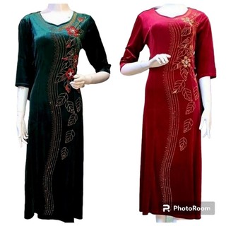 Đầm dự tiệc trung niên dáng dài sang trọng cho mẹ vải nhung đính đá cao cấp, Đầm dạ hội trung niên dự tiệc sang trọng