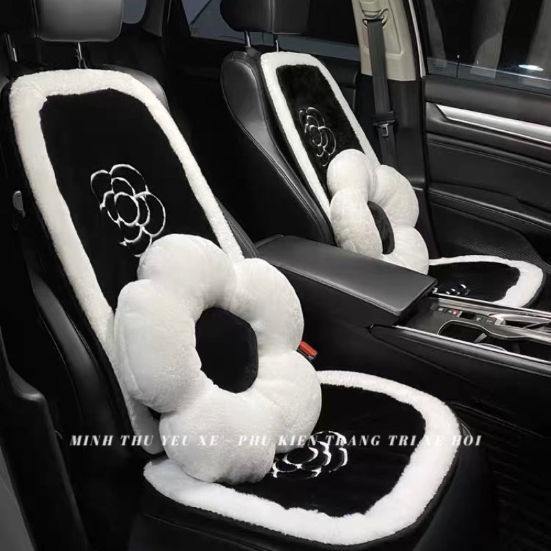 Bộ gối tựa ô tô hình bông hoa chất liệu nhung lông thỏ xinh xắn - Bộ hoa trà trang trí nội thất xe sang trọng